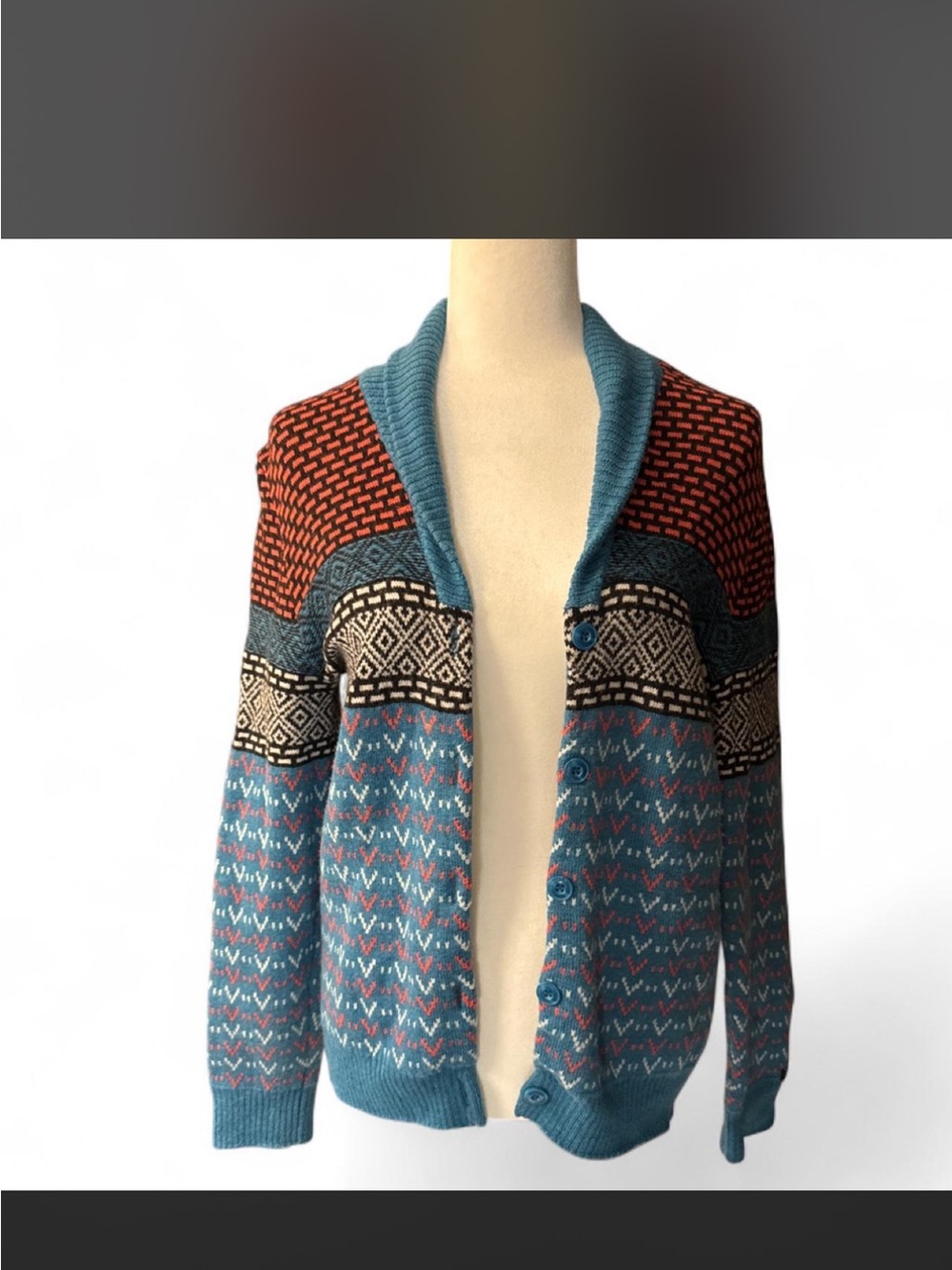 NEVE Teal, Orange and Black Patterned Shawl-Collar Merino Wool Cardigan
